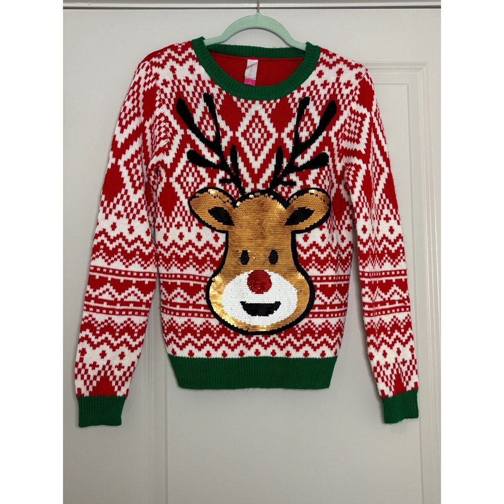 No Boundaries Sequin Face Reindeer Christmas Sweater Womens Mediumβ Multicolor